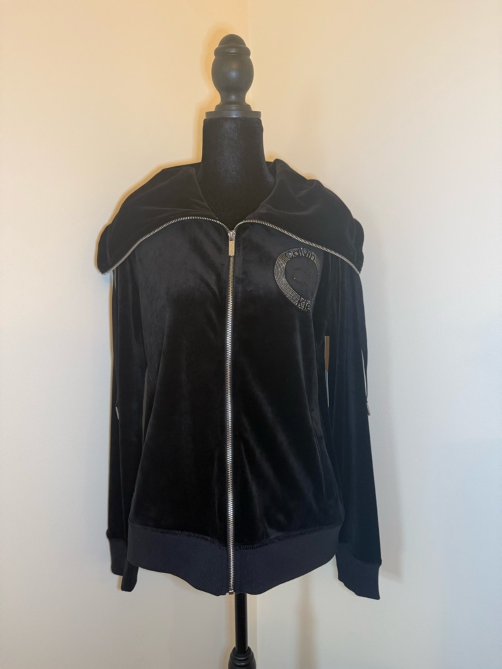 Calvin Klein Black Velvet Logo-Trim Zip Hoodie